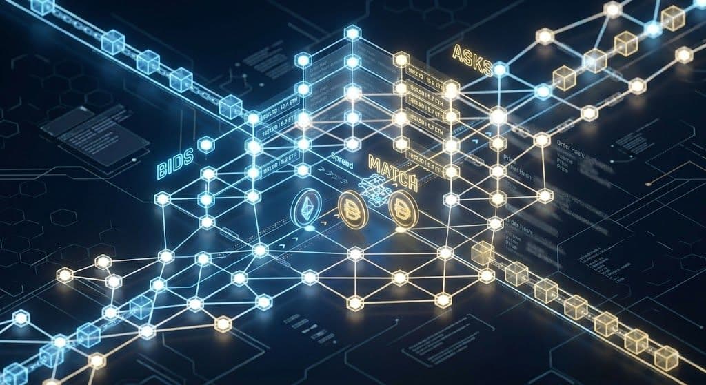 Abstract network where glowing bid and ask lattices converge at a match point with token coins