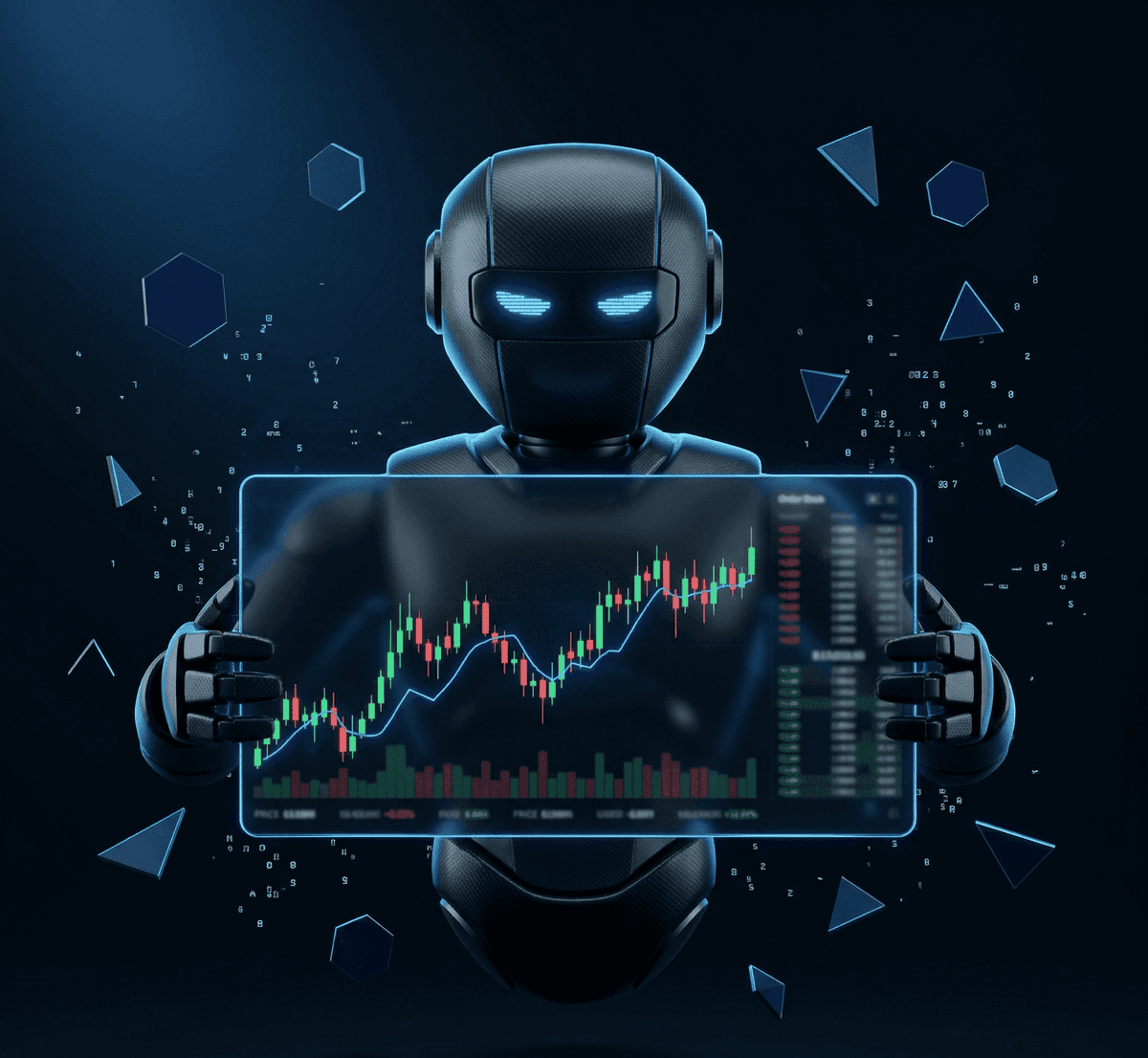 Humanoid robot holding a wide trading screen with candlestick chart, volume bars and an order book
