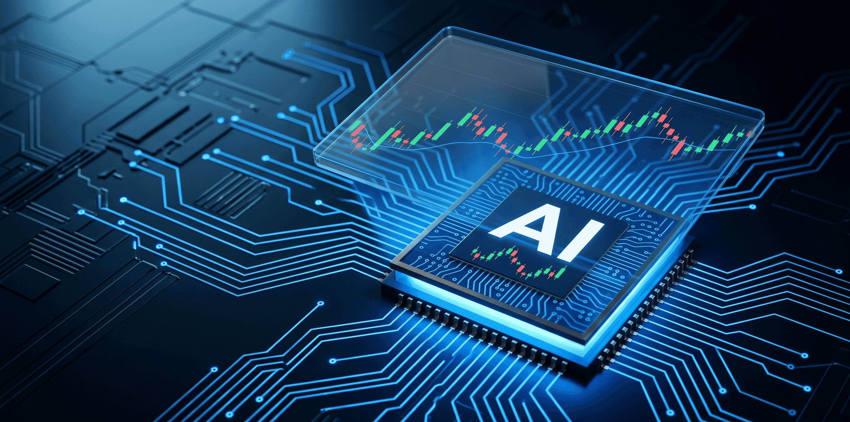 Glowing AI chip on a circuit board projecting a candlestick price chart above it