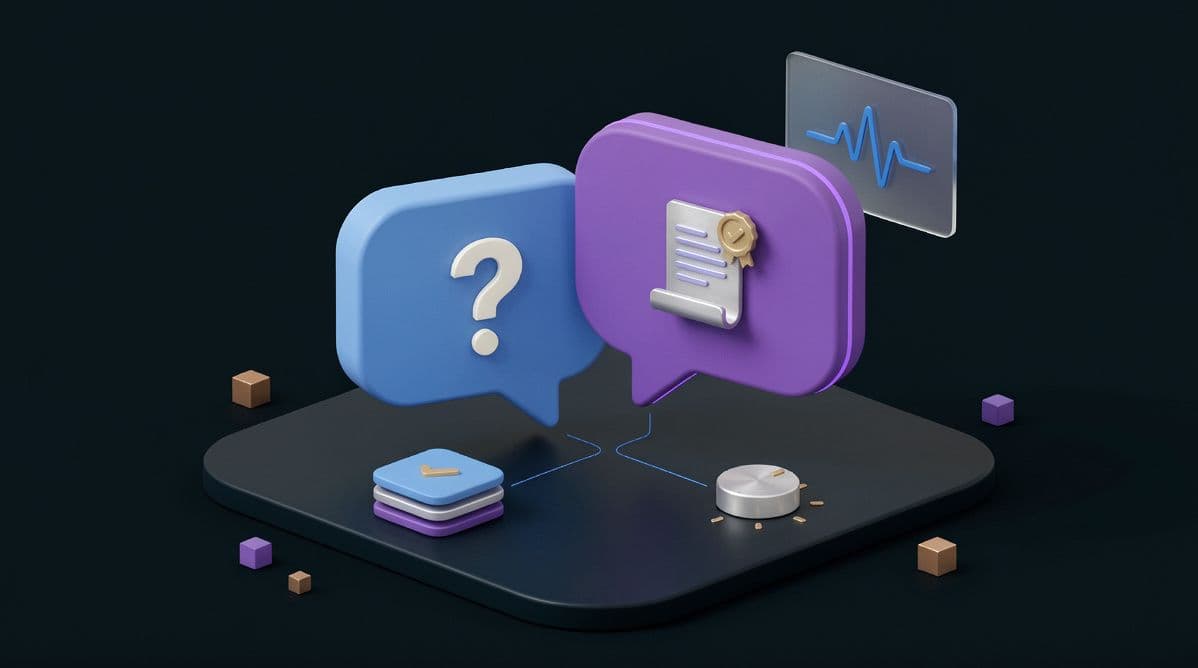 3D speech bubbles pairing a question mark with a certificate document on a dark isometric platform
