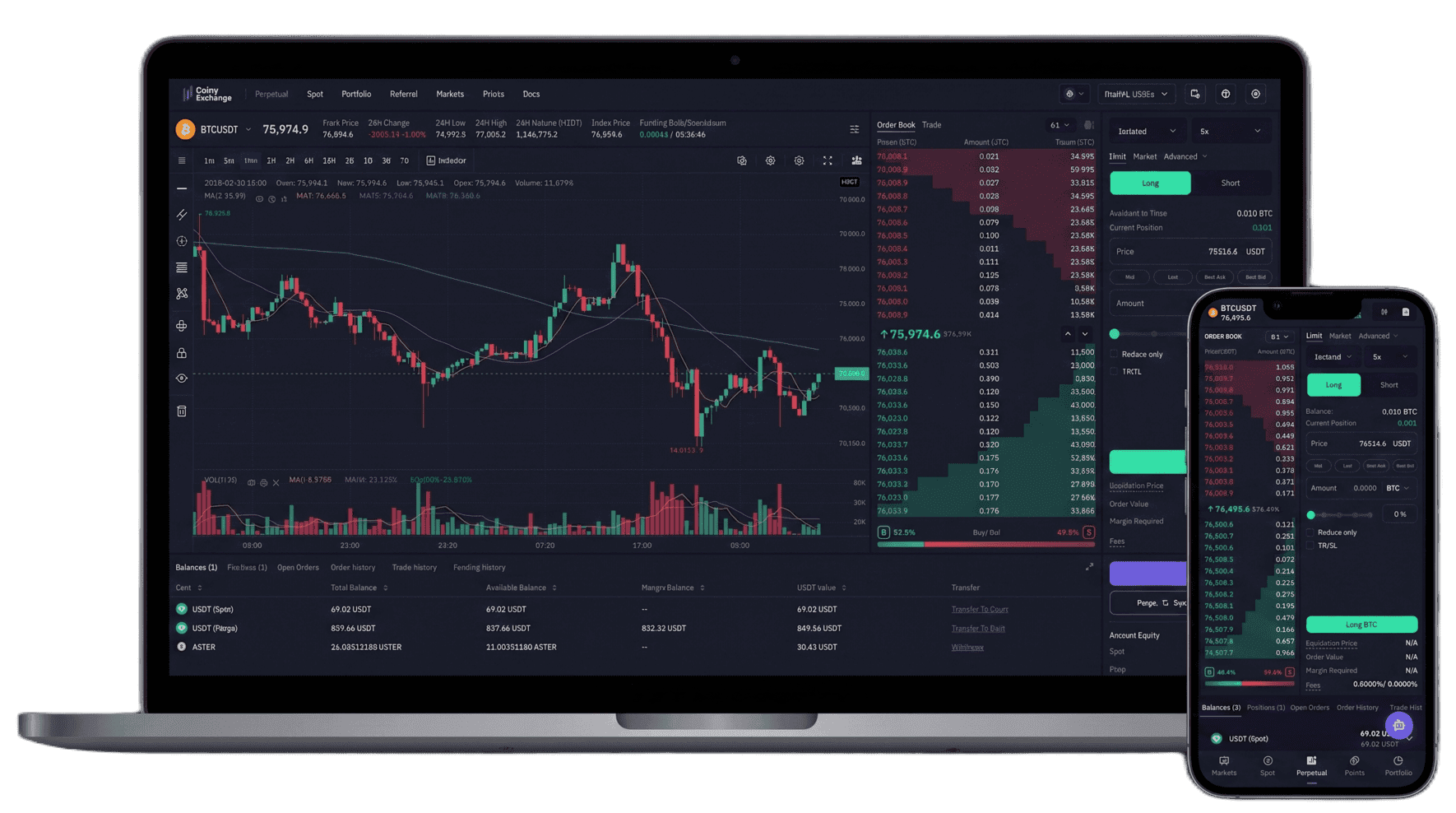 Laptop and phone running the exchange perpetuals terminal with candlestick chart, order book and long-short panel