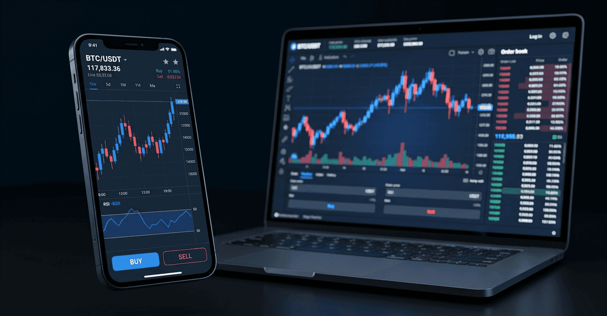 Phone and laptop showing the same BTC/USDT chart, indicators and order book side by side