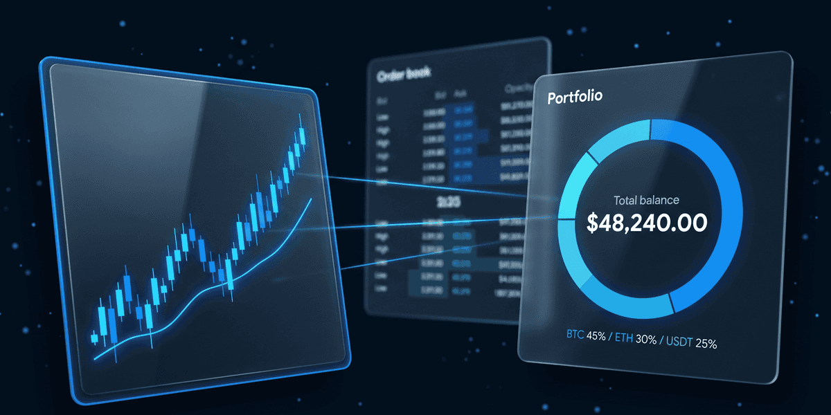 Floating glass panels linking a candlestick chart, an order book and a portfolio allocation donut