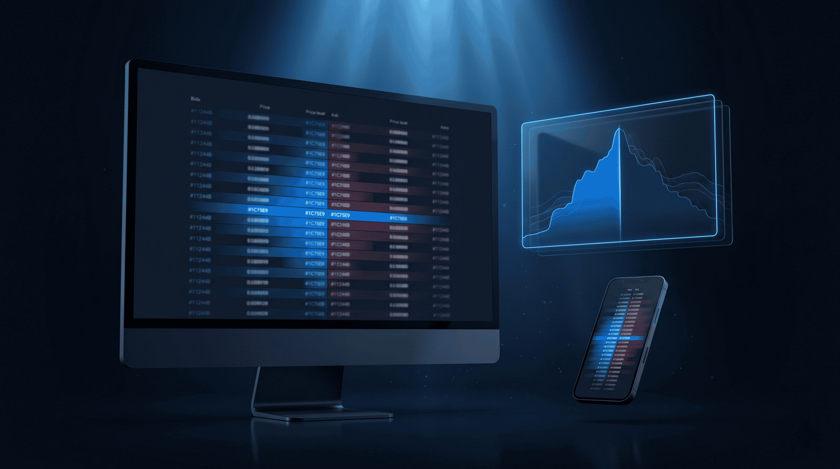 Monitor and phone showing a bid and ask order ladder beside a glowing market depth curve