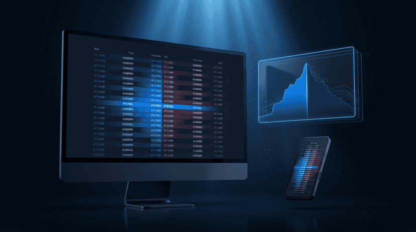 Monitor and phone showing a bid and ask order ladder beside a glowing market depth curve