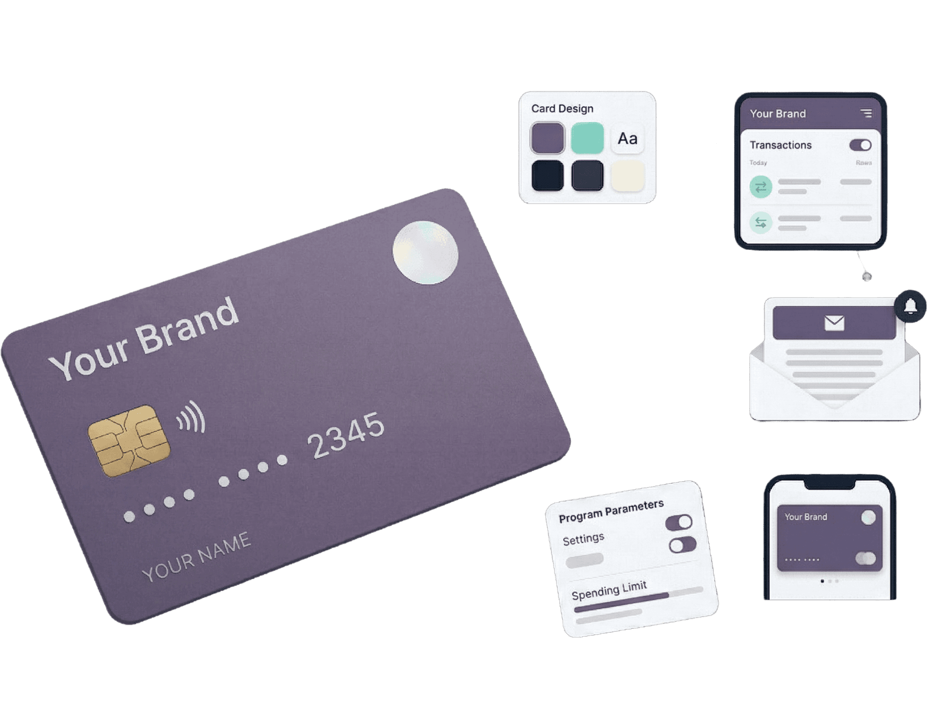 Unbranded payment card beside card design swatches, spending limit settings and a branded transactions app view