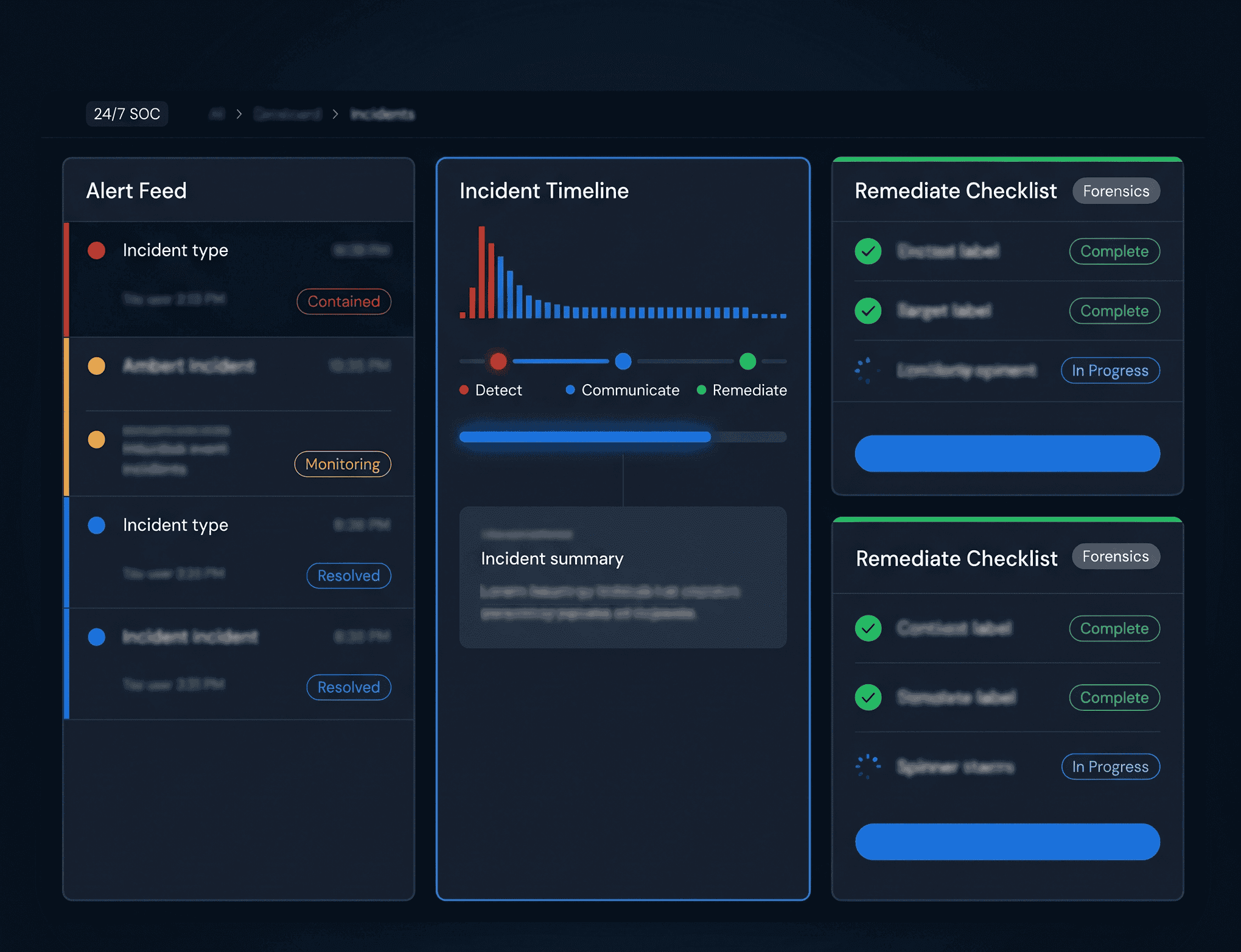 Security operations dashboard with an alert feed, an incident timeline from detection to remediation, and a checklist
