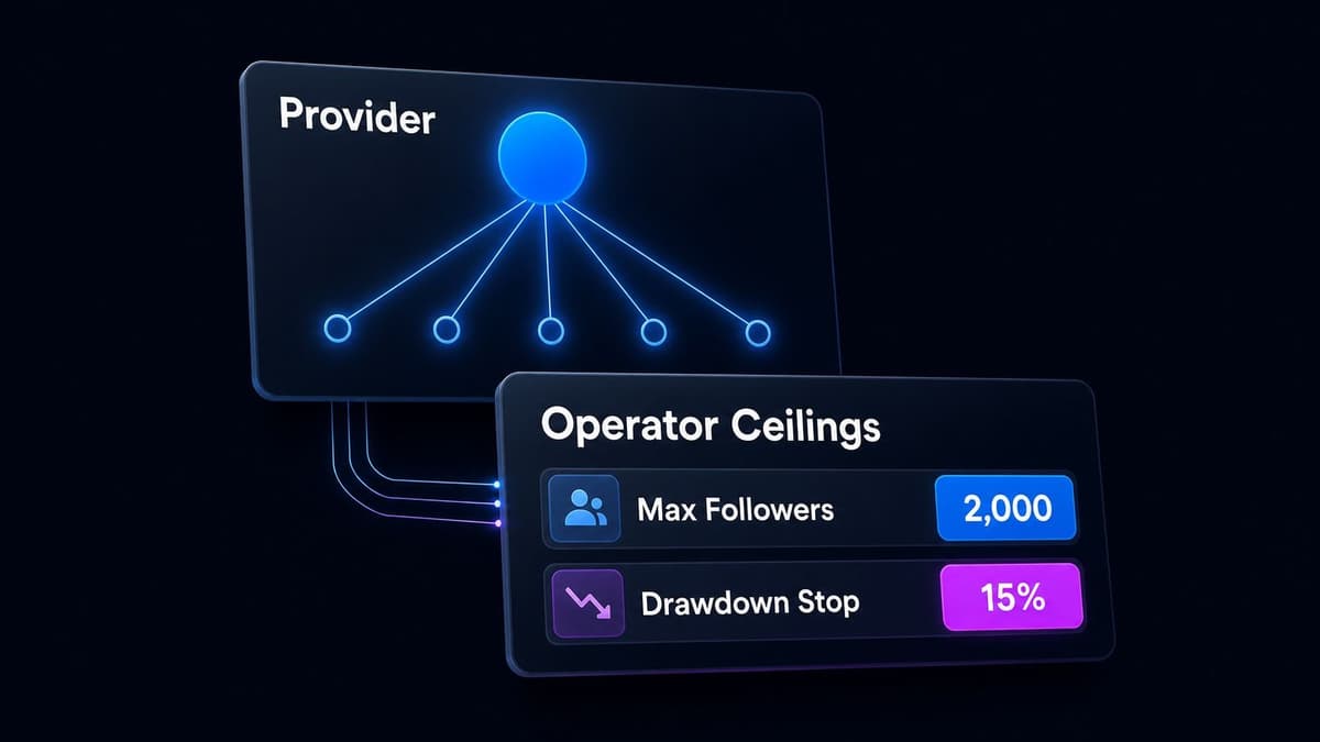 One provider fanning out to five followers, beside operator ceilings of 2,000 maximum followers and a 15 percent drawdown stop