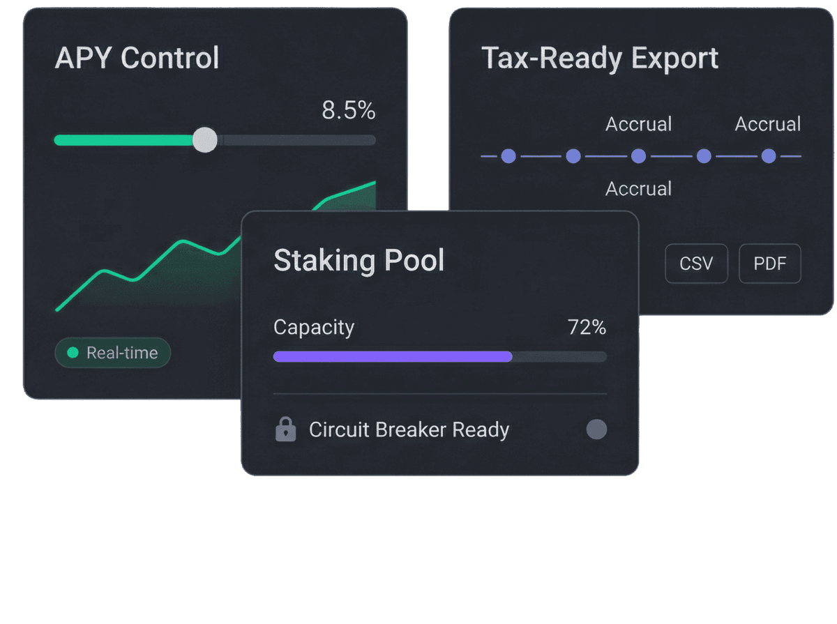 Staking operator cards for adjusting APY, monitoring pool capacity and exporting tax-ready records