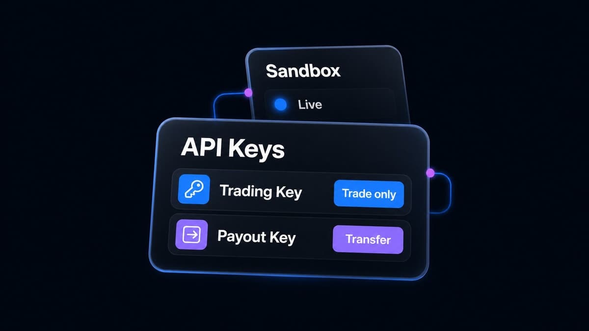 An API keys card showing a trading key scoped to trade only and a payout key scoped to transfer, beside a live sandbox