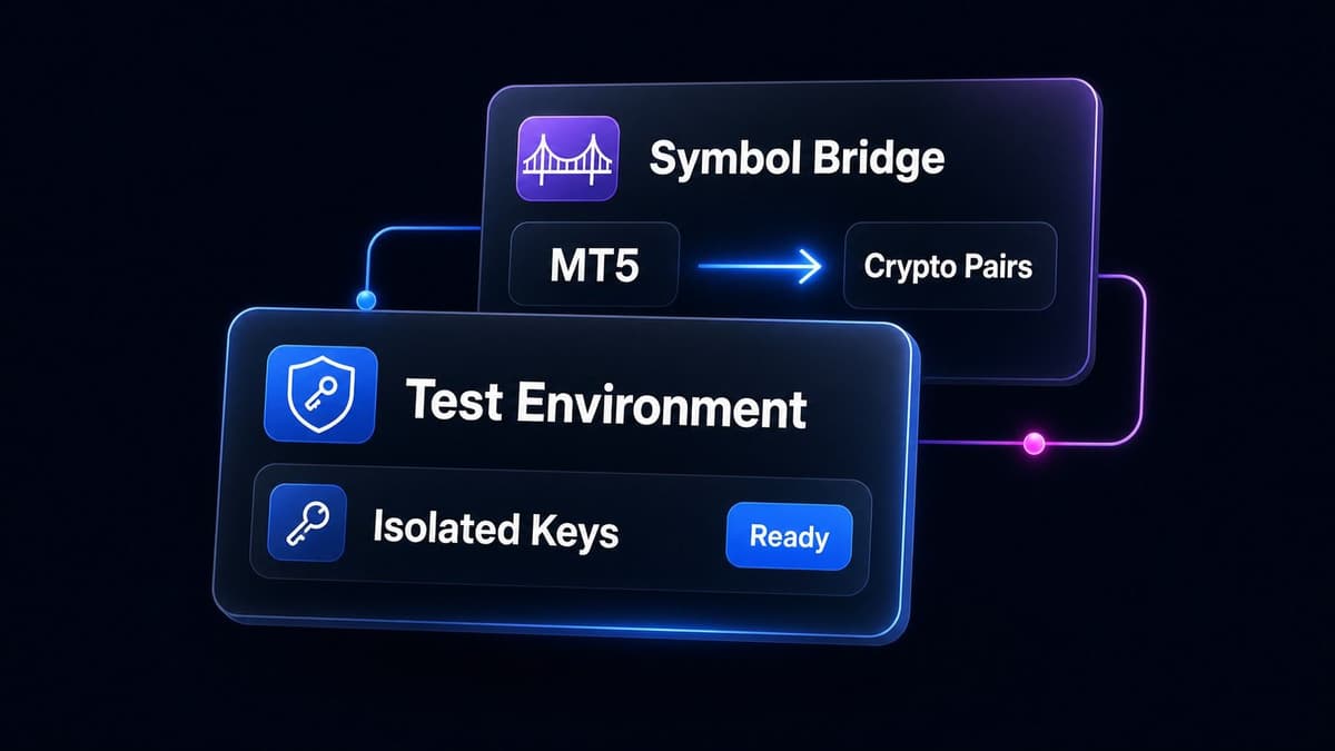 An isolated test environment marked ready, beside a symbol bridge mapping MT5 to crypto pairs