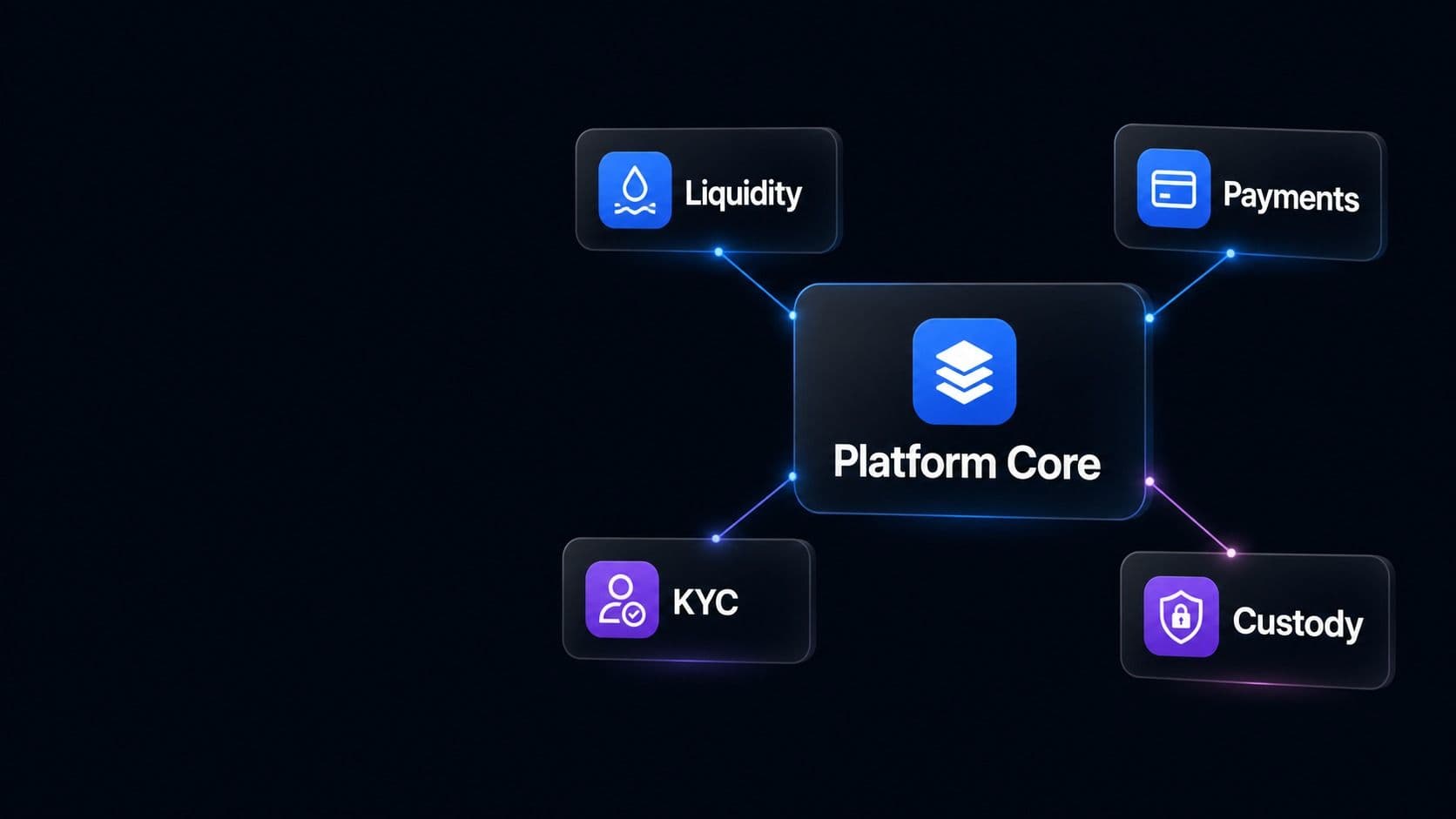 A platform core card connected by hairlines to liquidity, payments, KYC and custody tiles