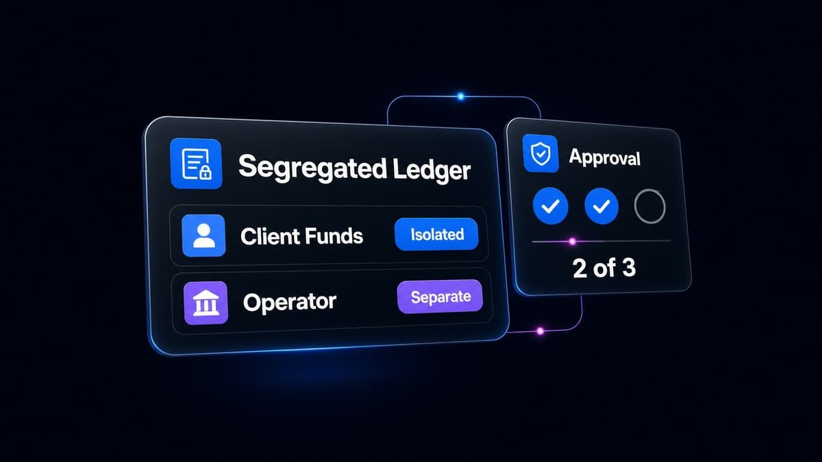 A segregated ledger card keeping client funds isolated from operator funds, beside a two of three approval quorum