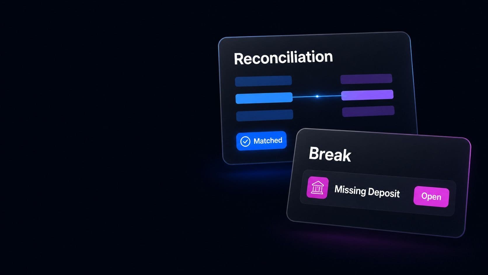 A reconciliation card matching two columns of entries, beside an open break for a missing deposit