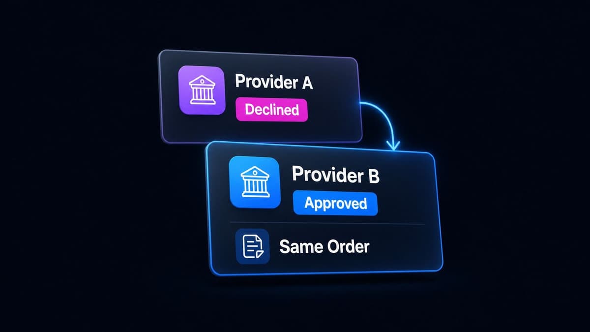 A declined order at one provider failing over to a second provider that approves it, inside the same order