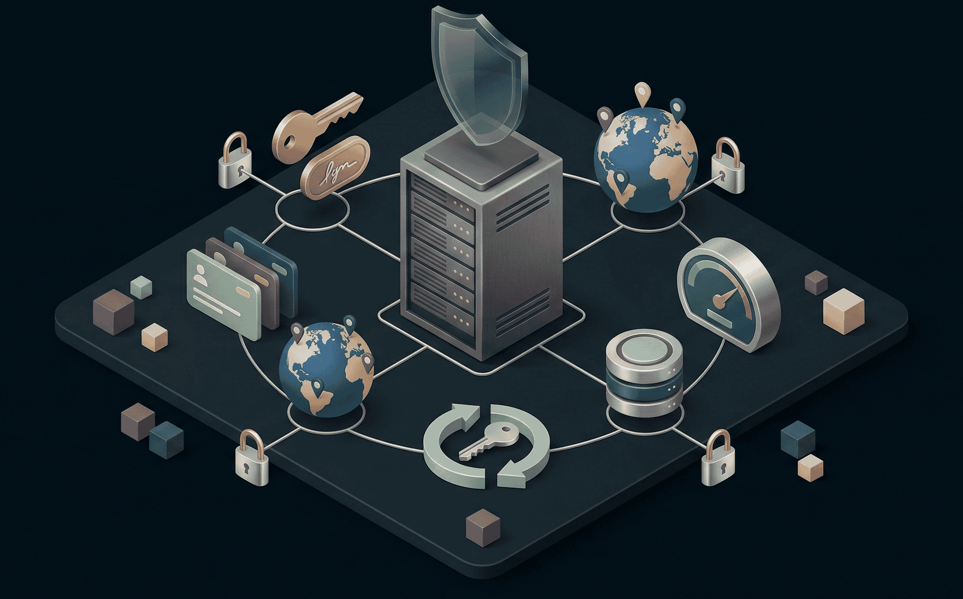 Isometric server rack under a shield, ringed by padlocks, a signing key, key rotation arrows and globes