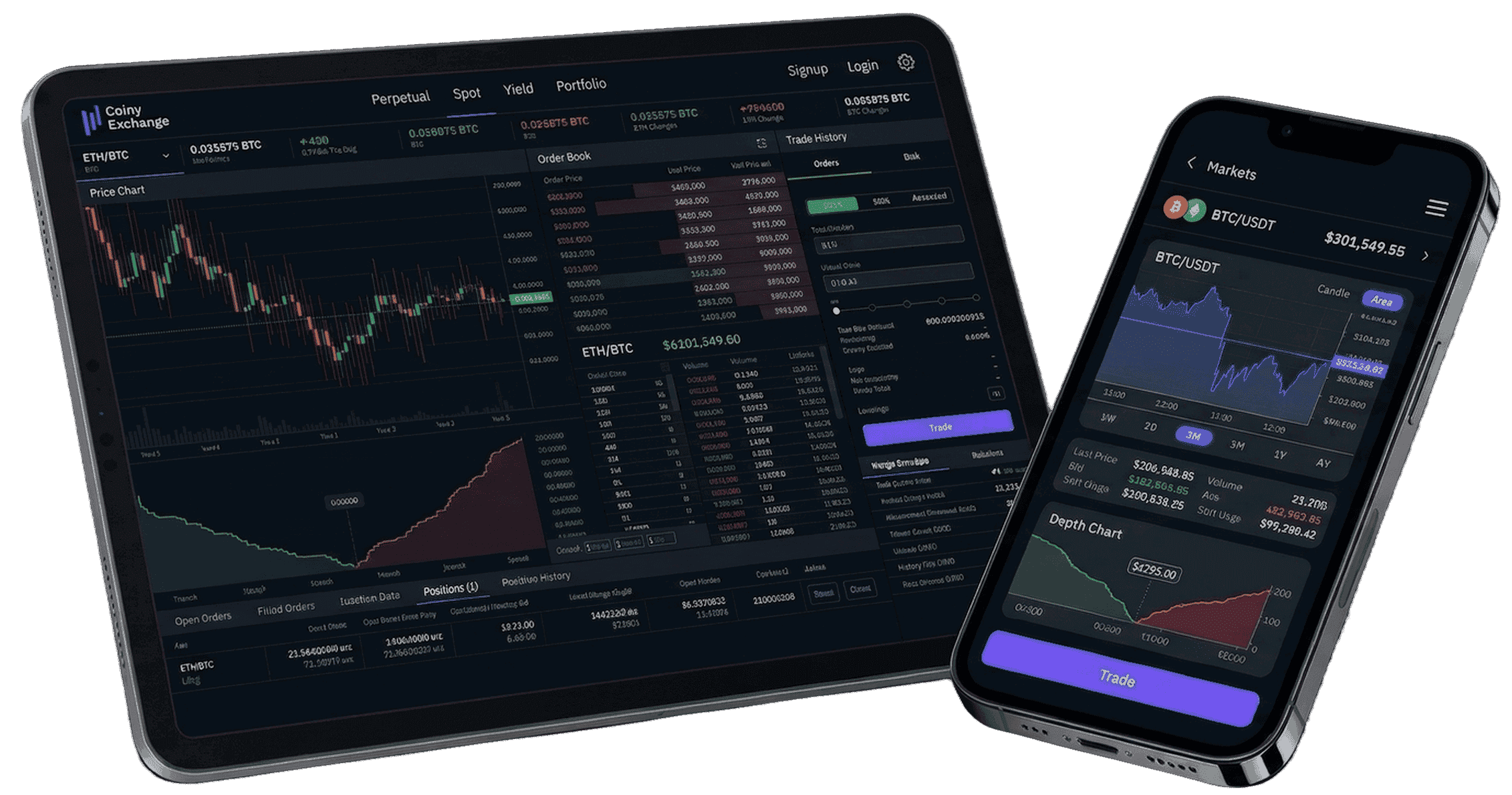 Tablet and phone running the exchange terminal with price chart, order book and depth chart
