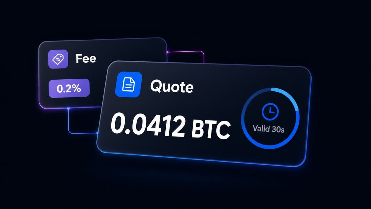 A swap quote of 0.0412 BTC with a 30 second validity ring, beside a 0.2 percent operator fee