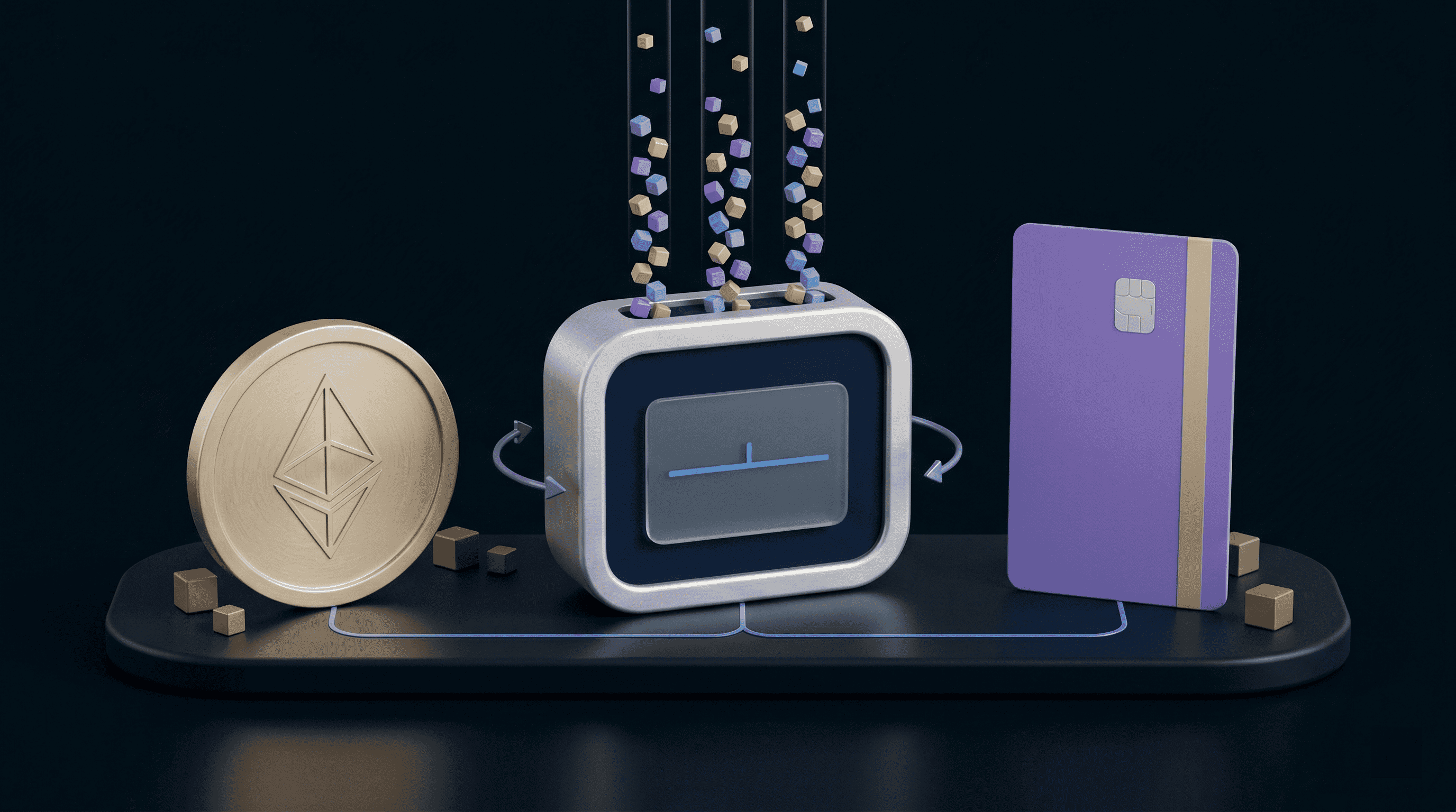 An Ethereum coin converting through a device into a payment card, representing crypto balances spent at the point of sale