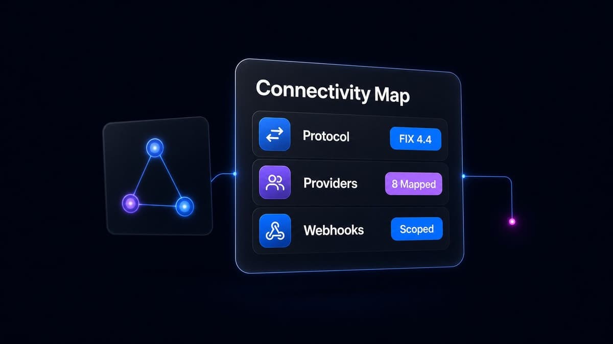 A connectivity map card listing FIX 4.4 protocol, eight mapped providers and scoped webhooks