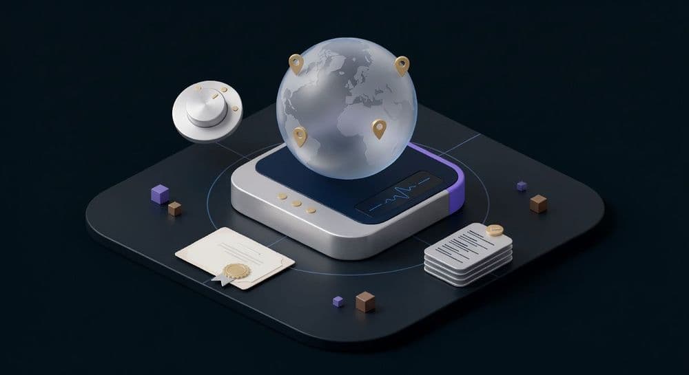 Illustration of a globe marked with location pins above a monitoring device, a certificate and a stack of records, representing compliance monitoring across jurisdictions