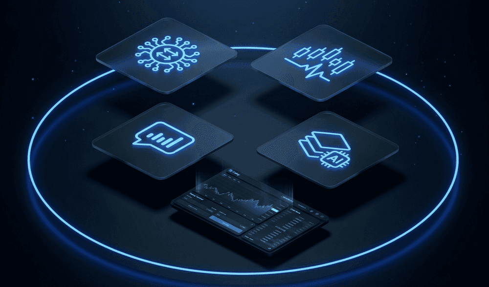 Four glowing panels for routing, market data, conversational analytics and an AI model layer, arranged around a trading terminal showing a chart and order book