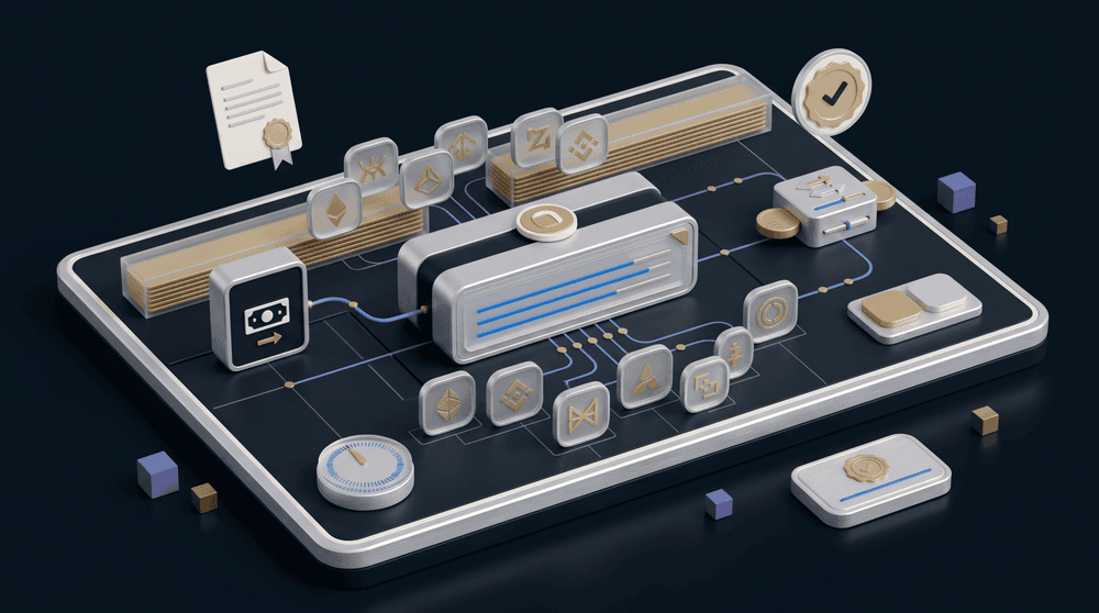 Isometric illustration of a settlement board routing cash and token assets between exchange venues, with a certificate and a verification badge
