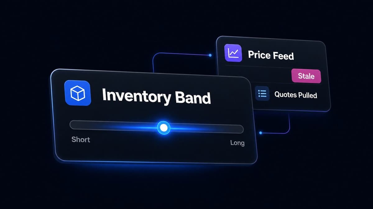 An inventory band gauge held near centre, beside a stale price feed with quotes pulled