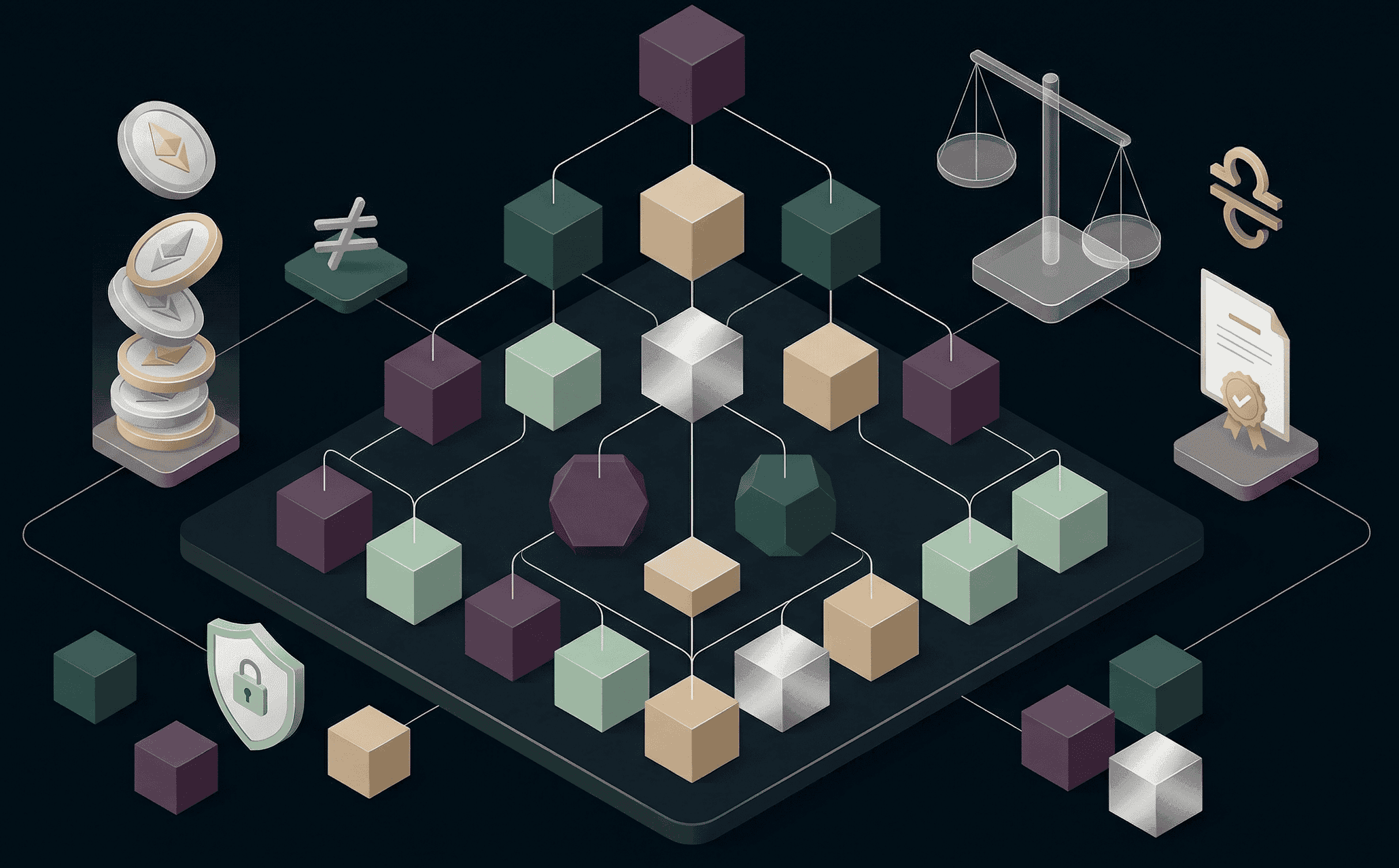 Isometric merkle tree of linked blocks flanked by a coin stack, balance scales and an audit certificate