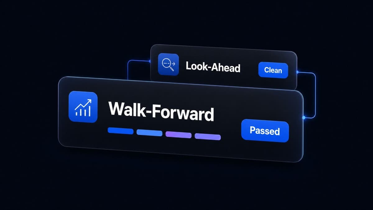 A walk-forward test passing across four folds, beside a clean look-ahead audit