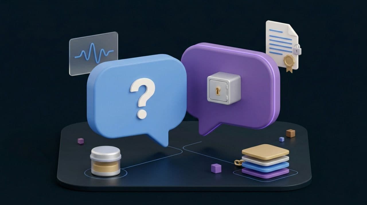 Illustration of two speech bubbles, one holding a question mark and one holding a vault, beside a signed and locked document
