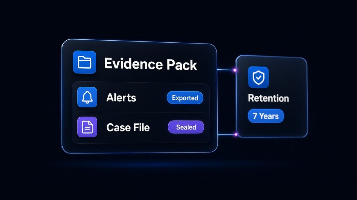 An evidence pack card with alerts exported and the case file sealed, beside a seven year retention period