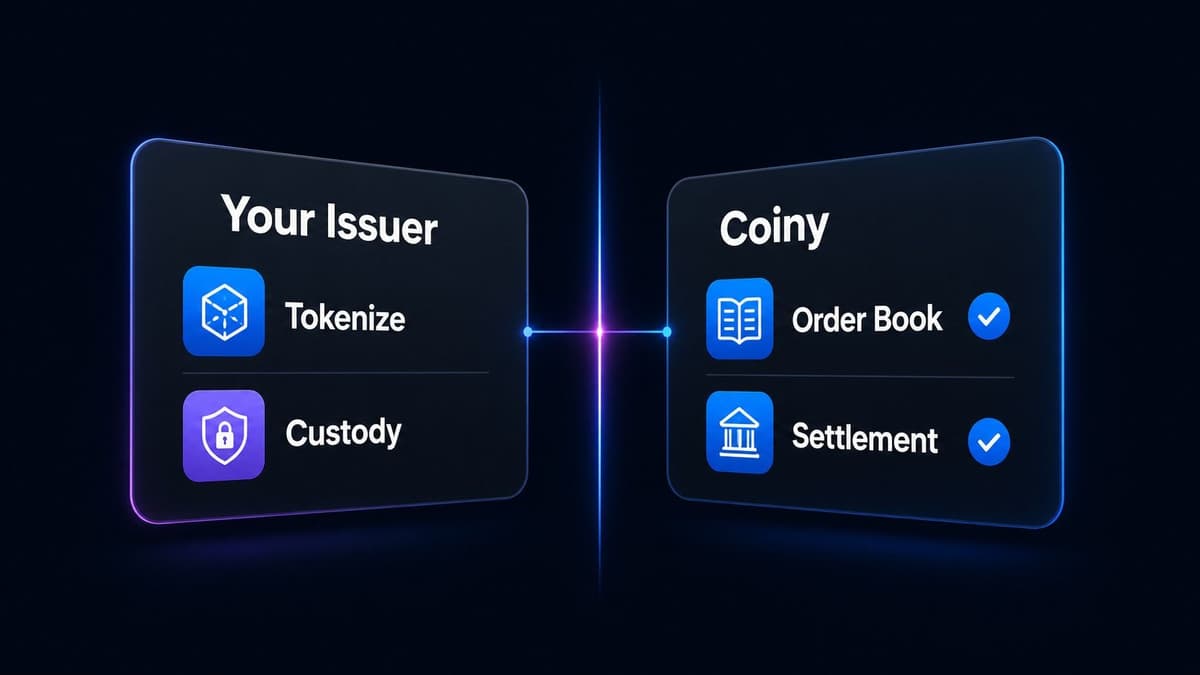 The boundary drawn between the issuer, who tokenizes and holds custody, and Coiny, which runs the order book and settlement