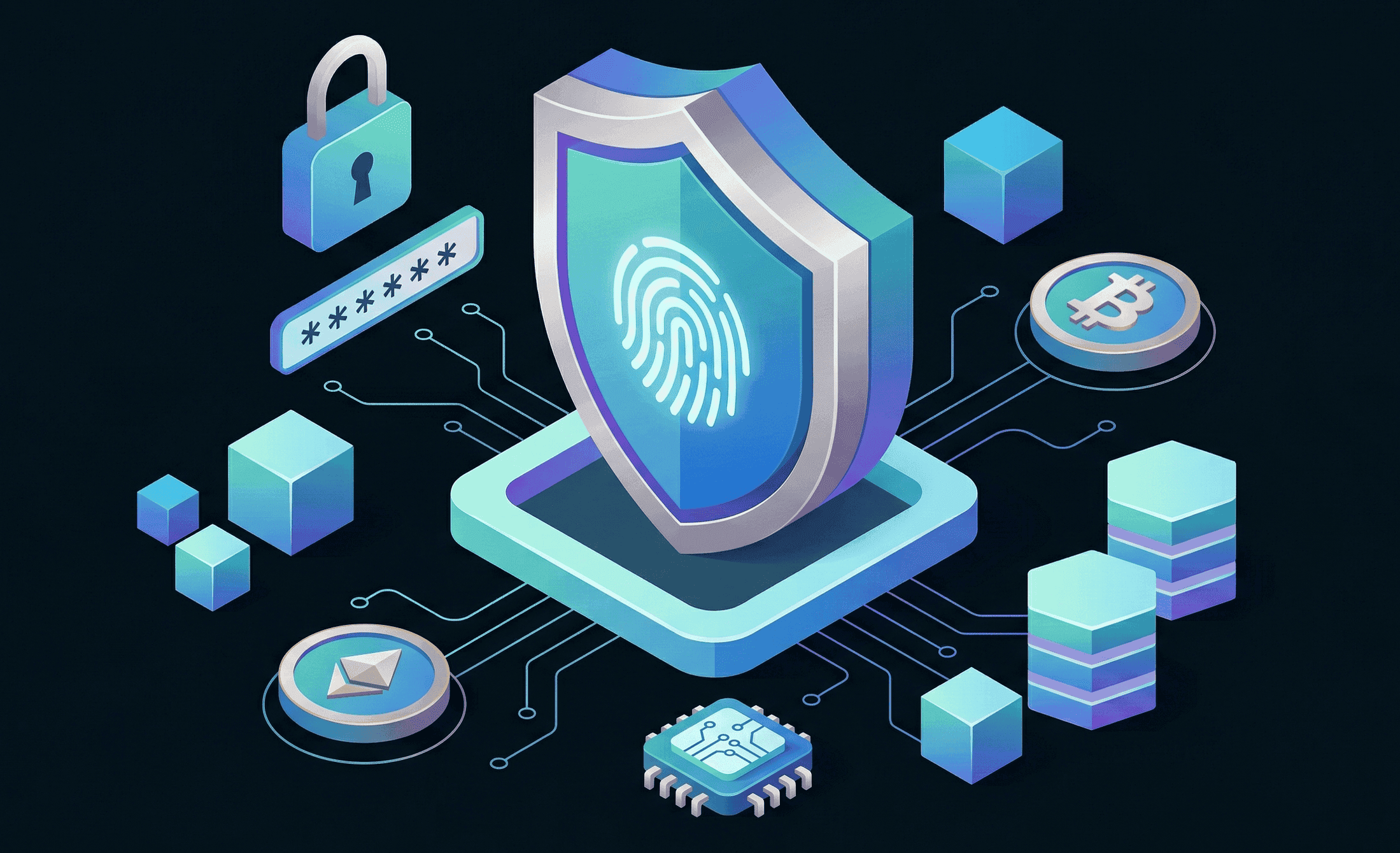 Isometric shield bearing a fingerprint, surrounded by a padlock, password field, crypto coins and server stacks
