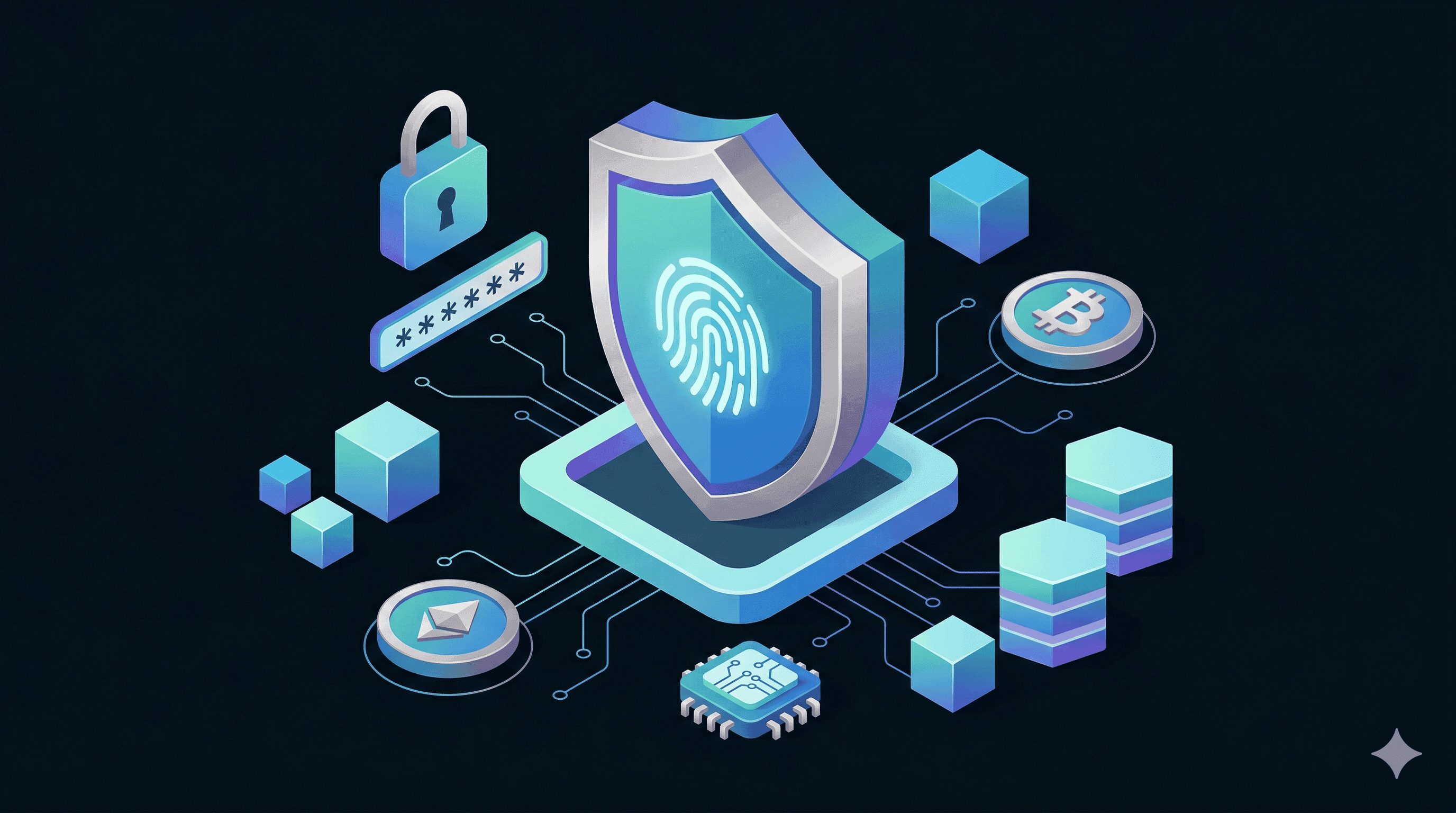 Isometric illustration of a shield carrying a fingerprint above a processor, with a padlock, a masked password field and Bitcoin and Ethereum coins