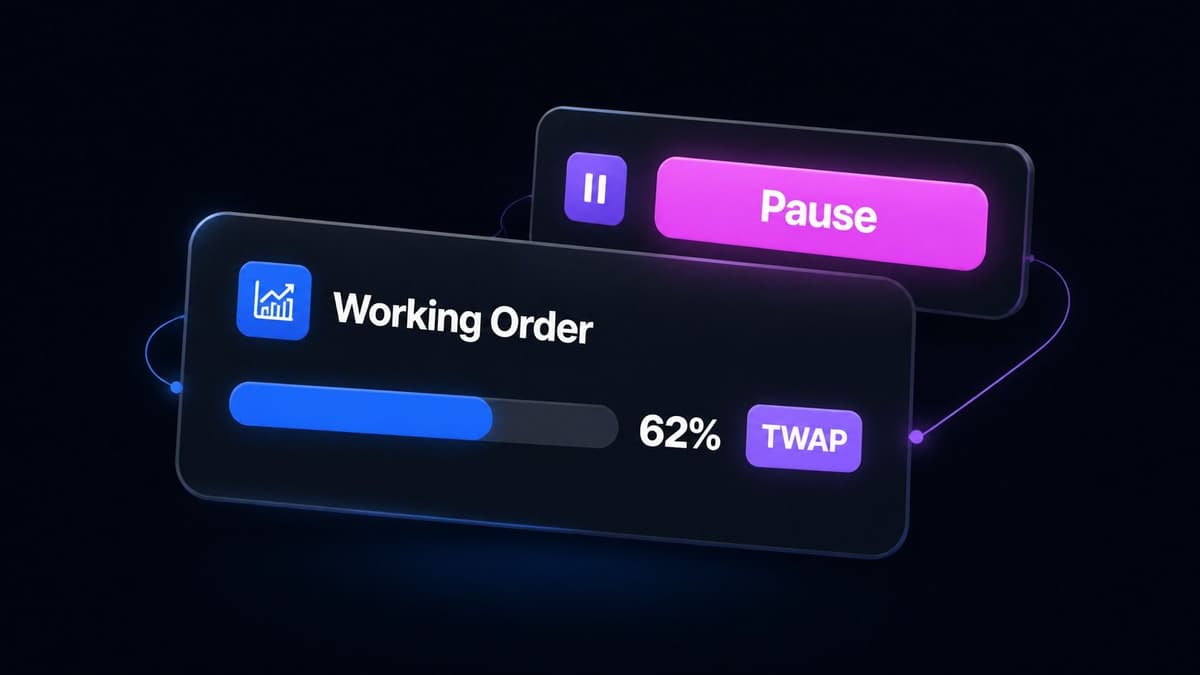 A working order 62 percent filled under a TWAP algorithm, beside the pause control a trader can use