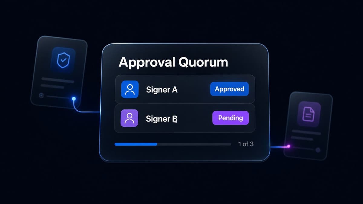 An approval quorum with one signer approved and one pending, one of three signatures collected