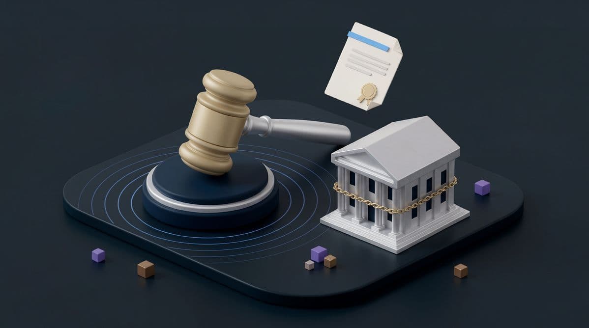 Illustration of a judge's gavel, a certified document and a bank building wrapped in a chain, representing tightening crypto regulation